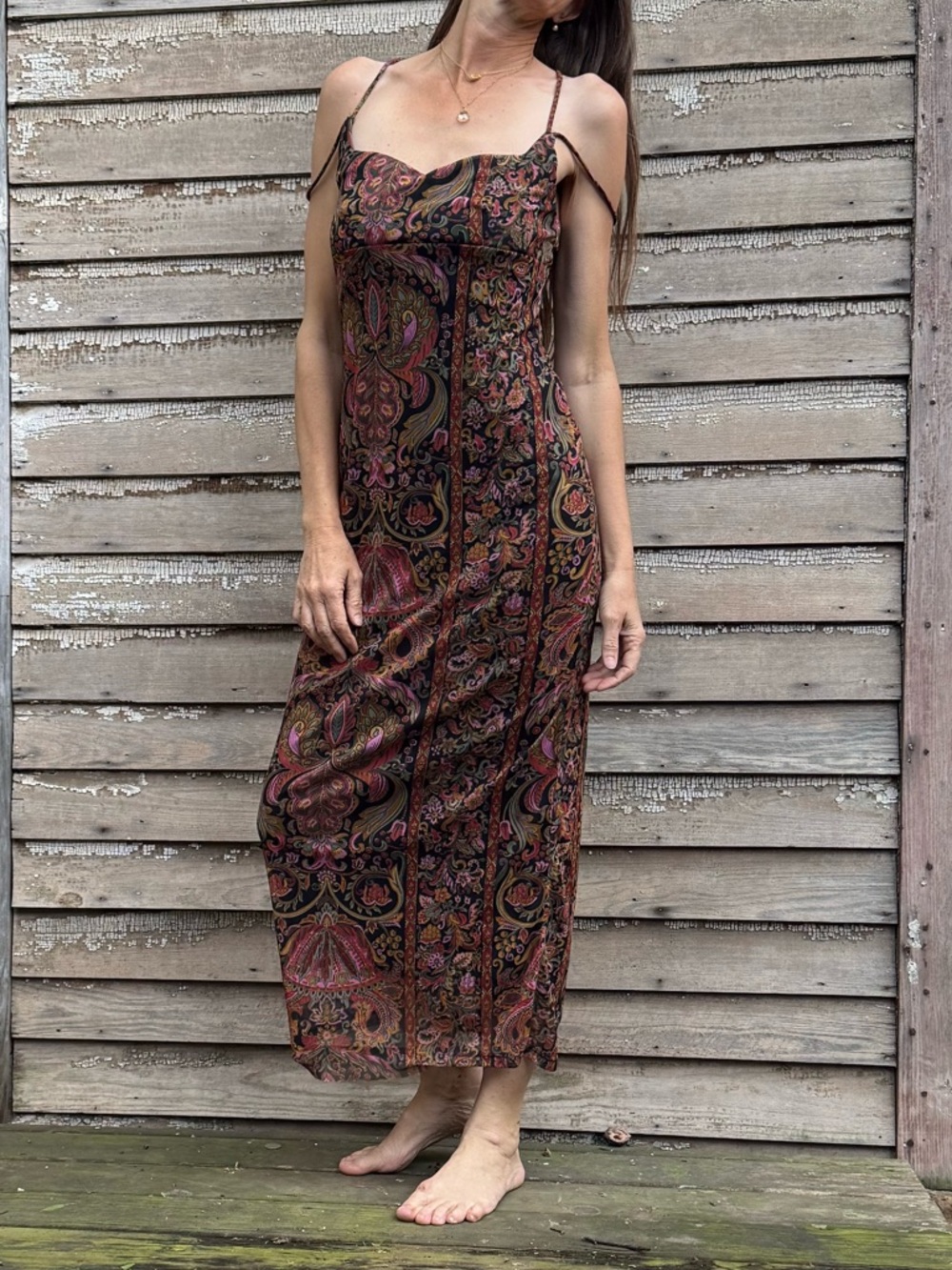 90s Vintage Paisley Maxi Dress Crisscross Back - Mesh  dress open strappy back - Picture 2 of 13